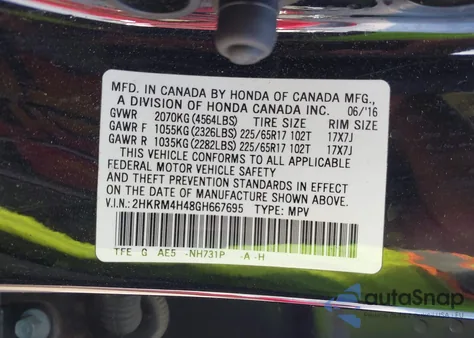 2016 Honda Cr-V Se from USA, damaged, VIN 2HKRM4H48GH667695